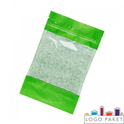 Крафт пакет дой-пак зеленый с окном и замком зип-лок