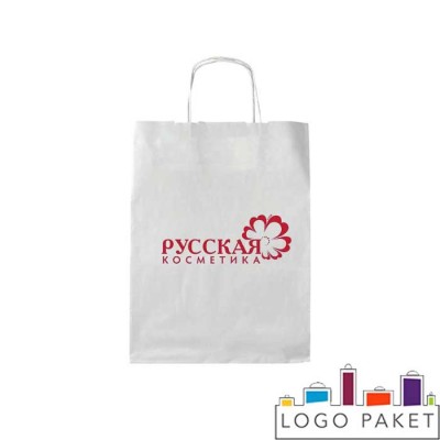 Белые крафтовые пакеты с кручеными ручками и логотипом с 2-х сторон