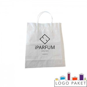 Белые крафтовые пакеты с кручеными ручками и логотипом с 2-х сторон