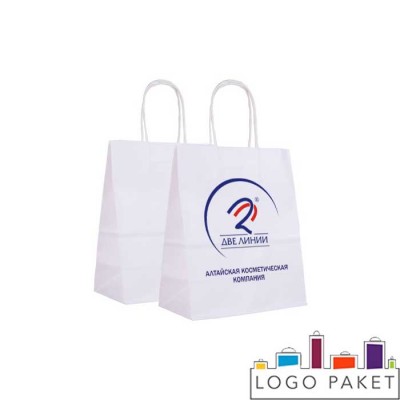 Белые крафтовые пакеты с кручеными ручками и логотипом с 2-х сторон