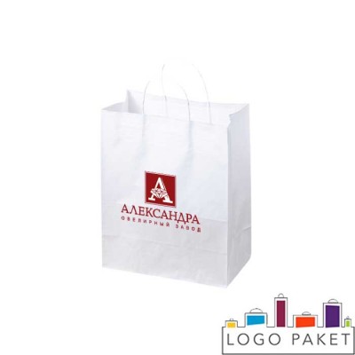 Белые крафтовые пакеты с кручеными ручками и логотипом с 2-х сторон