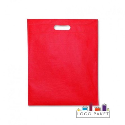 Пакет из спанбонда с вырубной ручкой красного цвета, вид спереди.