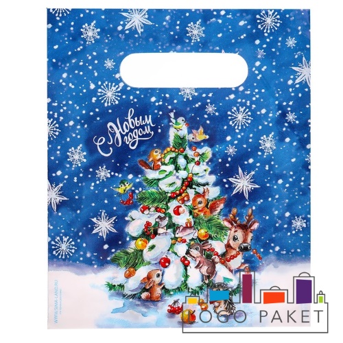 Пакет ПВД 60*70 с вырубной ручкой и донной складкой новогодний 