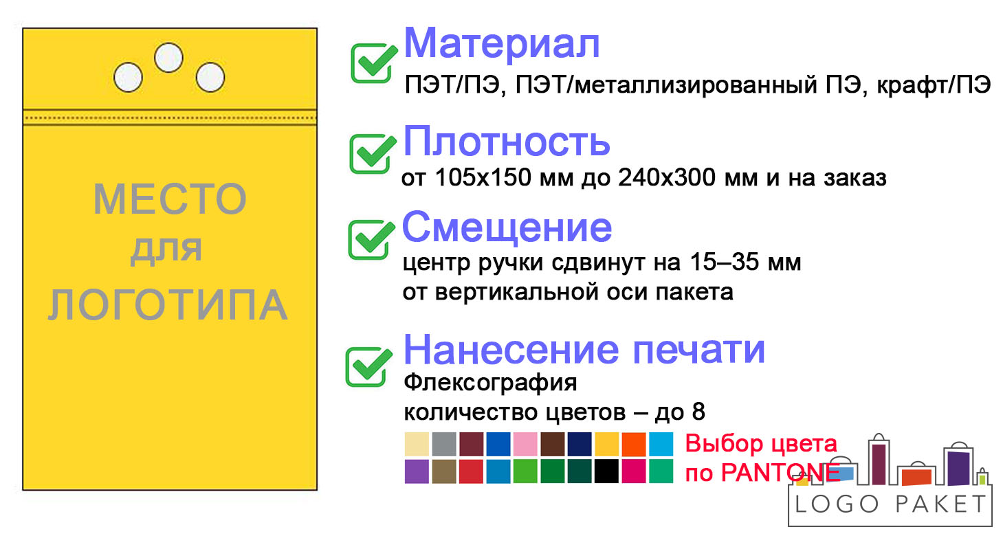 Пакет дой-пак с ручкой под 3 пальца со смещением инфографика