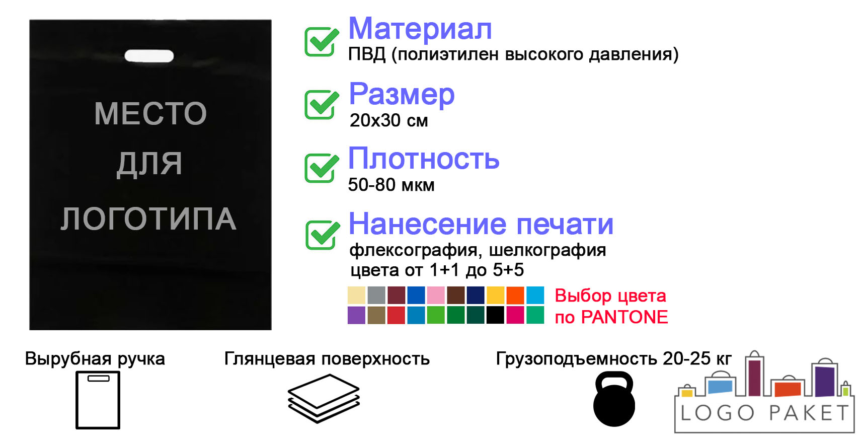 Черный пакет с вырубной ручкой и логотипом инфографика 