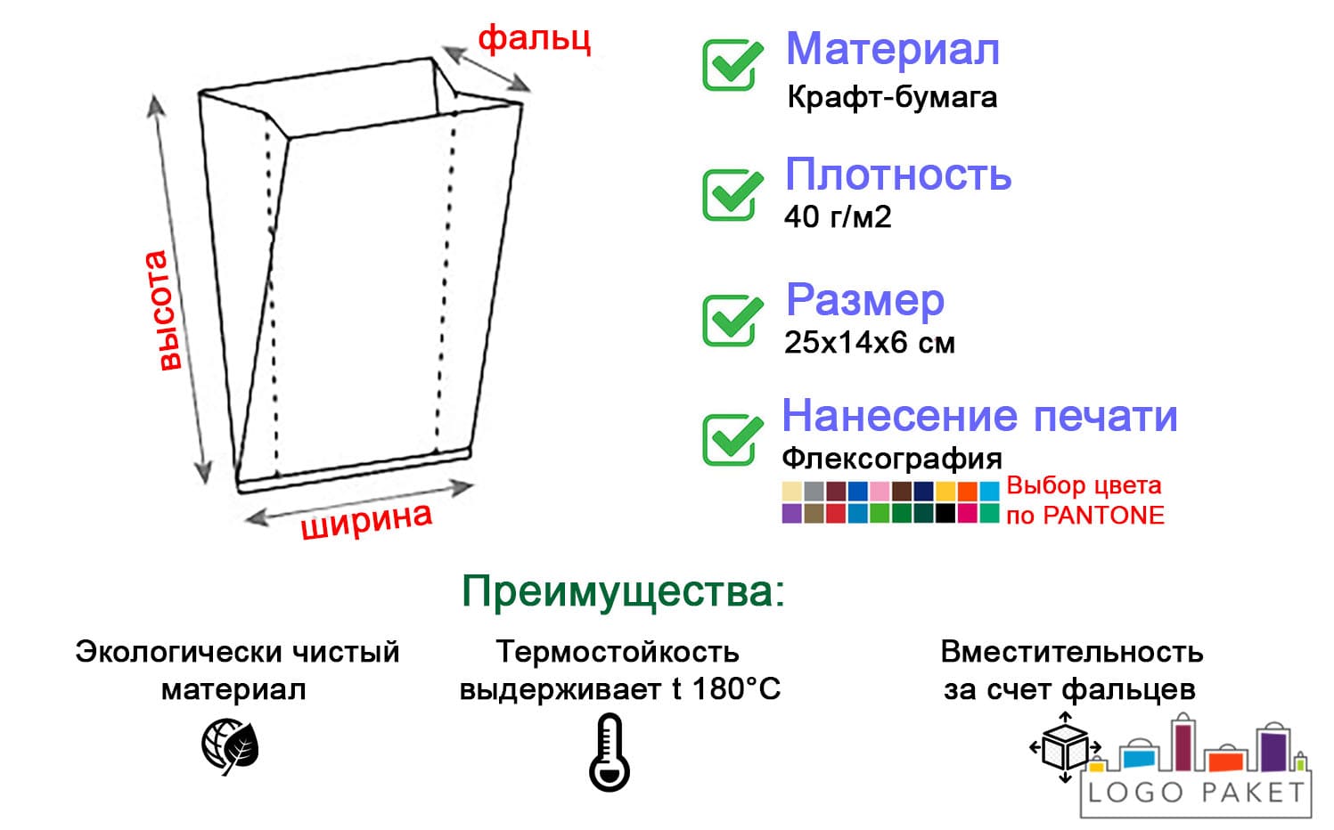 Крафт-пакет с V-образным дном 25х14х6 см инфографика