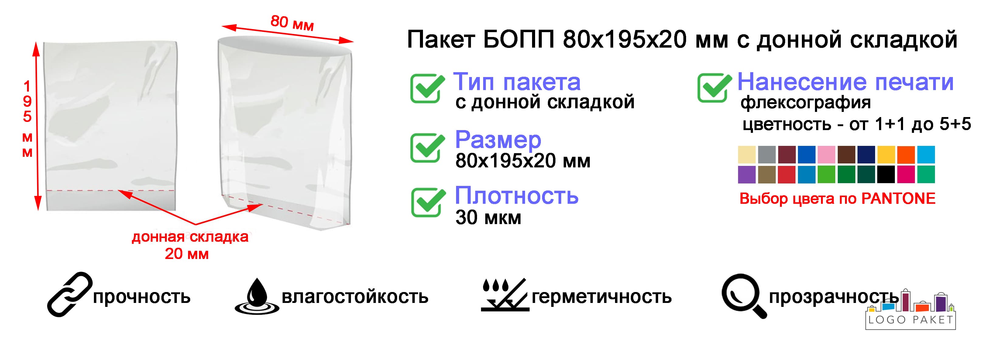 Пакет БОПП 80х195х20 мм с донной складкой инфографика.