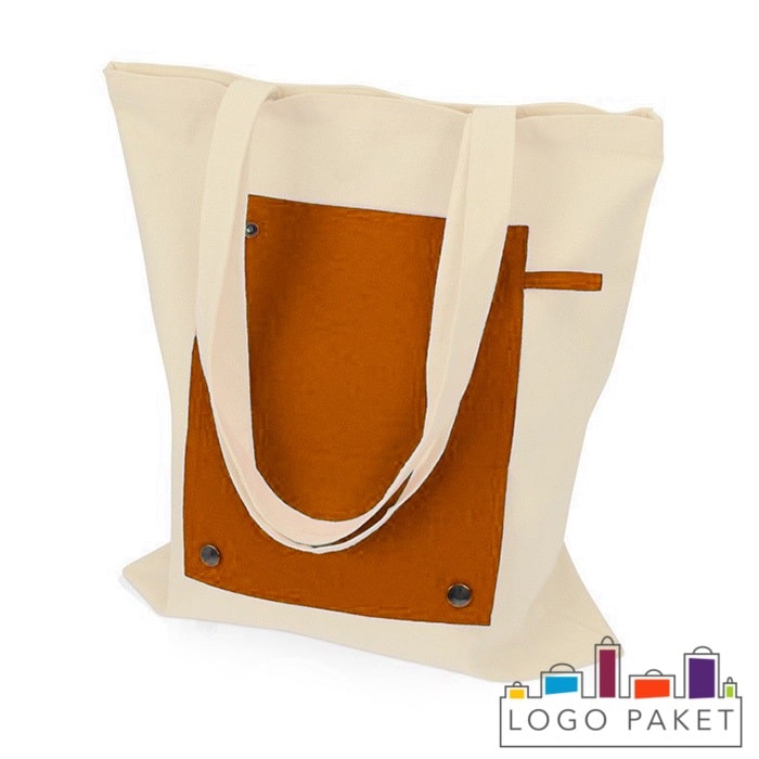 Складная хлопковая сумка для шопинга с оранжевым карманом