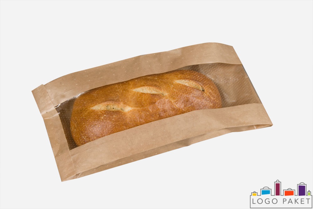 пакет для хлеба из крафт бумаги с прозрачным окном посередине на всю длину с батоном внутри.