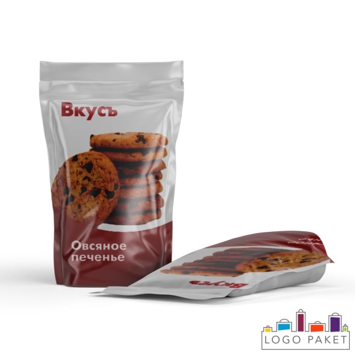 Пакет дой-пак (doy pack) для печенья с логотипом, показан вид спереди.