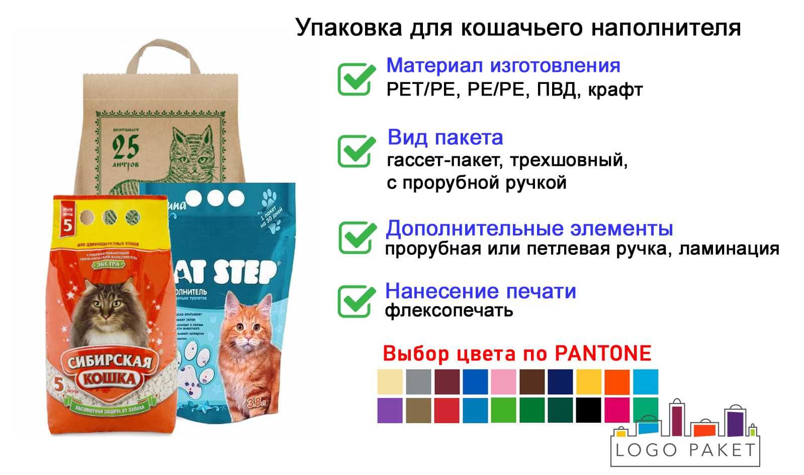 Упаковка для кошачьего наполнителя инфографика