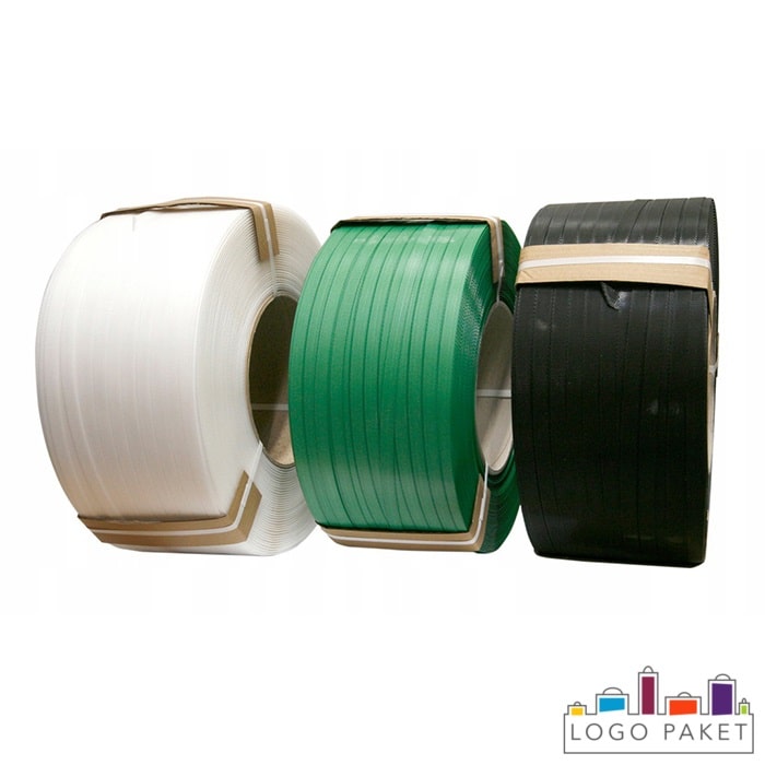 Стреппинг лента полипропиленовая в бобинах разного цвета, белая, зеленая и черная.
